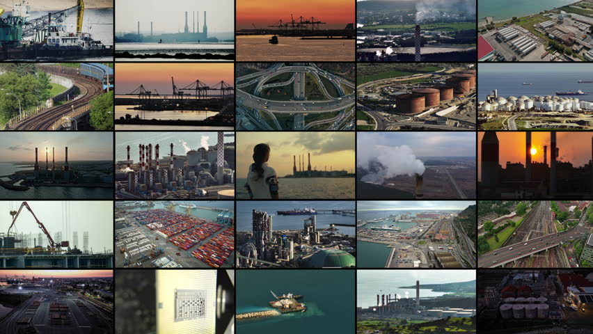 Video collage of industrial landscapes of environmental pollution. The release of gases from ports and roads, factories and power plants pollutes the environment. High quality 4k footage