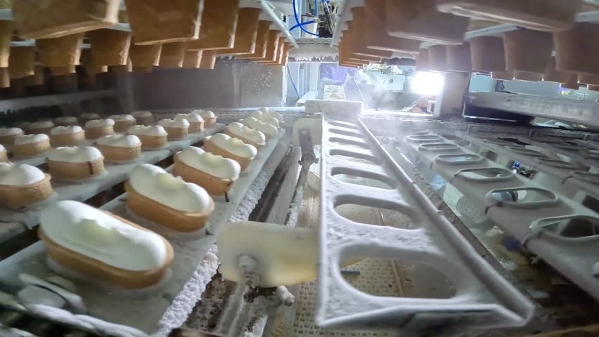 Ice cream after freezing at the factory. Ice cream production process. Making ice cream in a cup at the factory. Ice Cream Maker Factory, inside.