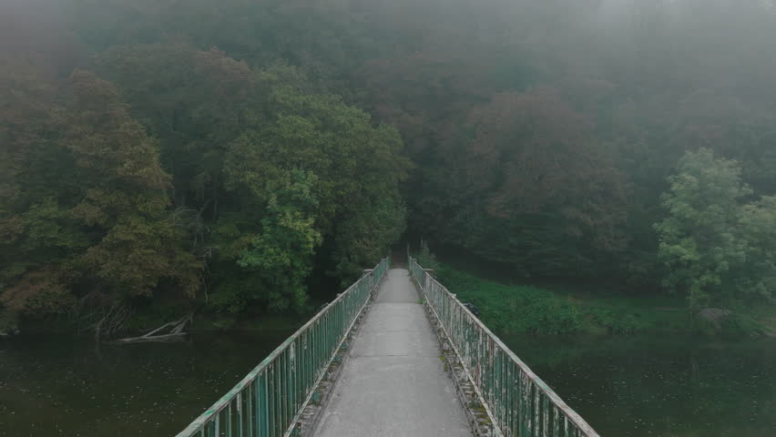 Slow tracking shot backwards along a narrow misty foot bridge over a river towards a forest of trees in a moody wintery scene