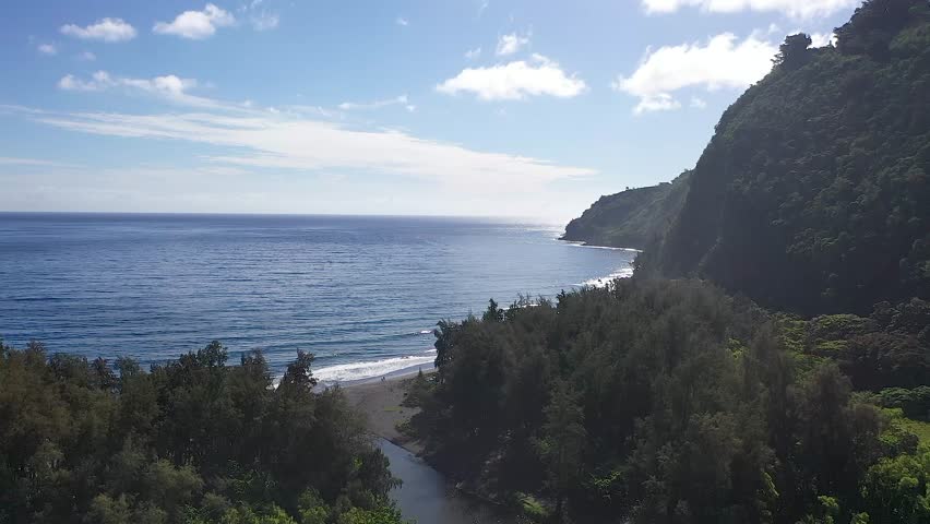A breathtaking aerial view of Waipio Valley where a winding river flows into the ocean, surrounded by lush green cliffs and a black sand beach.