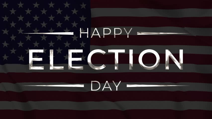 Happy Election Day silver text with slide blur animation on United States flag background. Ideal for celebrating US Election Day.