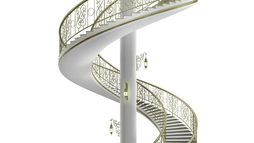 Spiral staircase over white background animation. cathedral staircase with golden handrails, column and golden lamps with lights on. 3d rendering. Seamless loop.