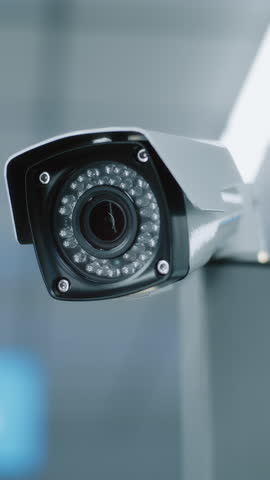 Modern Airport Security System: Close Up of Installed Surveillance Camera. Professional CCTV Video Control System in Airport Terminal. Tracking and Scanning Technology for Travel Safety. Vertical Shot