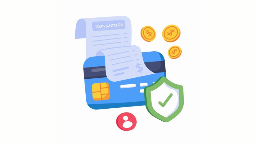 Secure Payment Financial Transaction Credit Card Shield Protection Money Coins Cartoon Style Illustration.