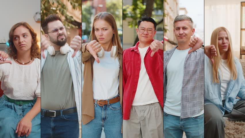 Dislike. Collage of upset unhappy people diverse gender, different ages, ethnicity gives thumbs down disappointment dissatisfaction, displaying negative feedback, disapproval frustration, fail, lose