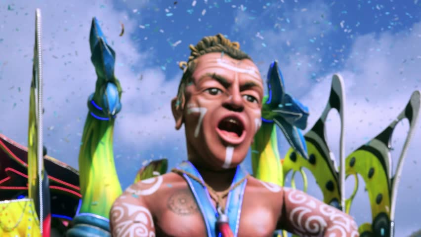 Vibrant carnival float and confetti illustrate festival joy, festival artistry uniting bold shapes and bright colors, festival spirit uplifting spectators under clear blue sky