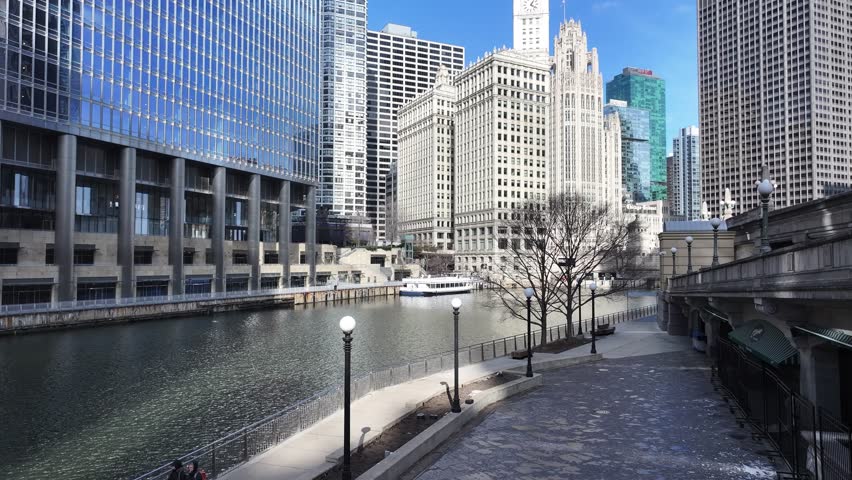 Chicago Riverwalk At Chicago In Illinois United States. Highrise Buildings Scene. Metropolitan City. Chicago Riverwalk At Illinois United States. Downtown Chicago District. Cityscape Aerial View.