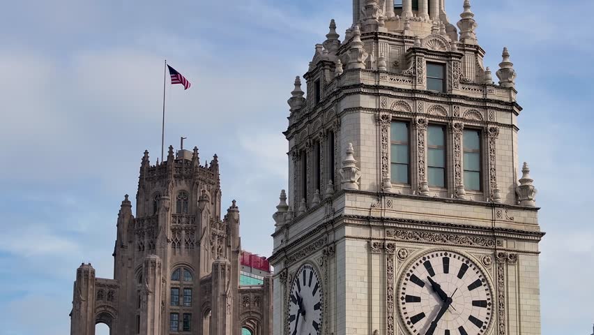 Tribune Tower At Chicago In Illinois United States. Highrise Building Scenery. Downtown City Landscape. Tribune Tower At Illinois United States. Business District. Chicago Architecture Scene.