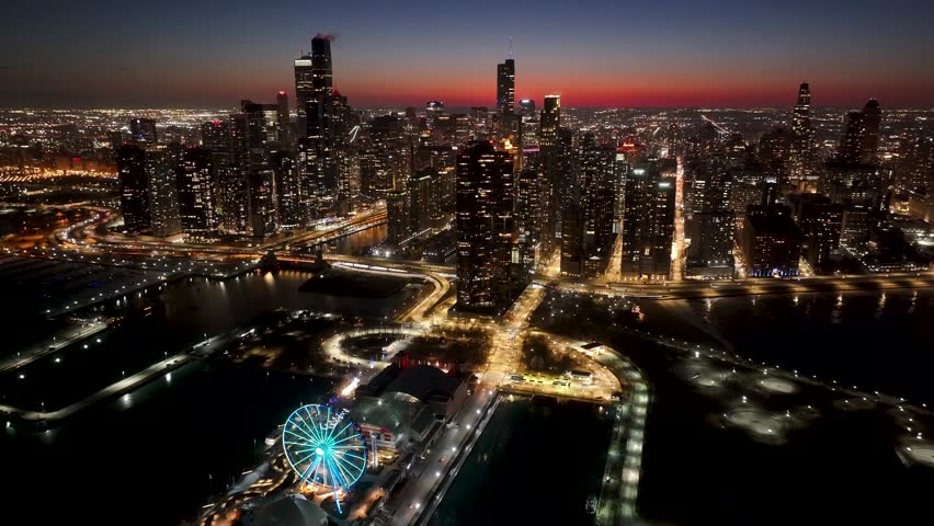 Sunset Skyline Downtown Chicago At Chicago In Illinois United States. Highrise Buildings Landscape. Colorful Sunset. Chicago At Illinois United States. Stunning Cityscape. Downtown Scenery.