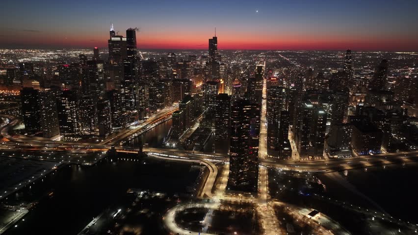 Sunset Chicago Skyline At Chicago In Illinois United States. Illuminated Downtown. Sunset City Landscape. Chicago At Illinois United States. Chicago City District. City Skyline Scene.