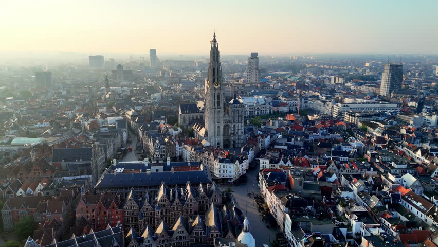 Misty Antwerp Skylin Golden Hour Aerial Panorama Cathedral of Our Lady is a Roman Catholic cathedral in Antwerp, Belgium