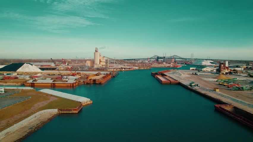 Sweeping drone perspective showcasing barges, cargo piles, and manufacturing sites along Chicago’s Calumet waterway, powering Midwest commerce.