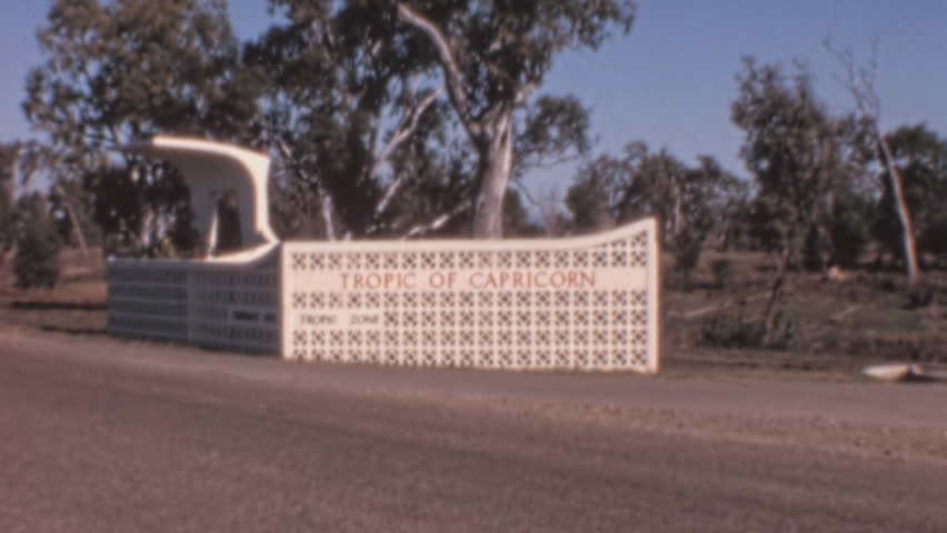 Rockhampton , Queensland , Australia - 05 10 1969: Tropic of Capricorn marker in Rockhampton, Australia. Medium static shot of the landmark sign. Useful for travel, geography, Australian history proje