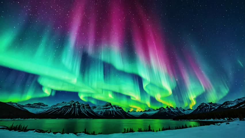 The pitch black night sky is decorated with colorful aurora borealis, ranging from green, yellow, to purple.