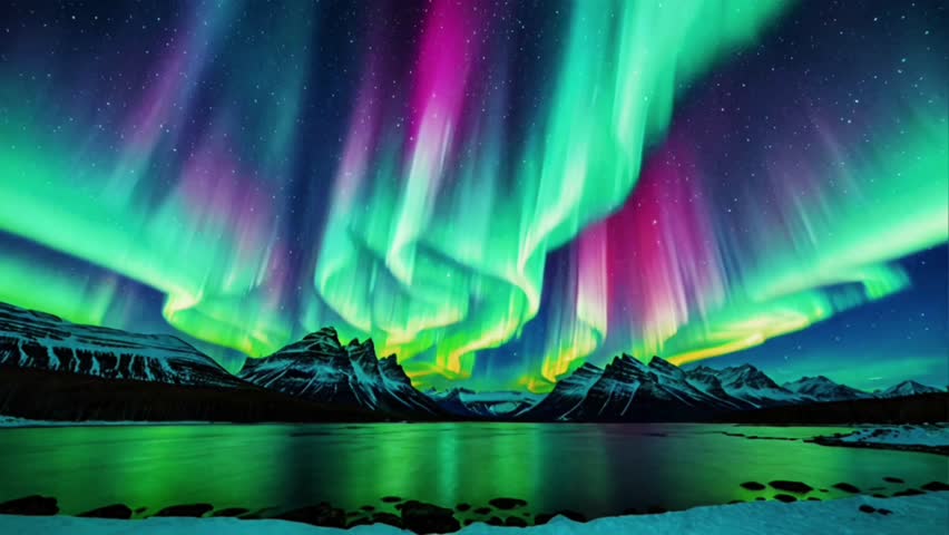 the spectacular beauty of the Aurora Borealis over a serene mountain landscape.