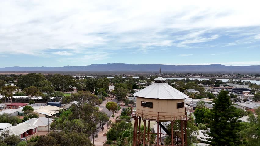 Port Augusta aerial view of The Water Tower Lookout. This tower was built in 1882 to provide a pressure water supply for the residents of Port Augusta West. The excellent views of the the Spencer Gulf