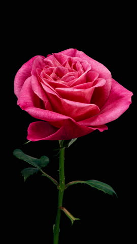 Pink Rose Plant Blooming Flower in Time Lapse on a Black Background. Single Red Flower Opens Bud and Moving Petals in Timelapse