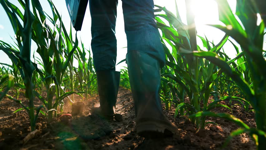 Legs of farmer agronomist in rubber boots with laptop in corn field, seedlings. Farmer, agricultural worker, checking inspecting corn plantation. Worker working in corn field. Agricultural business.