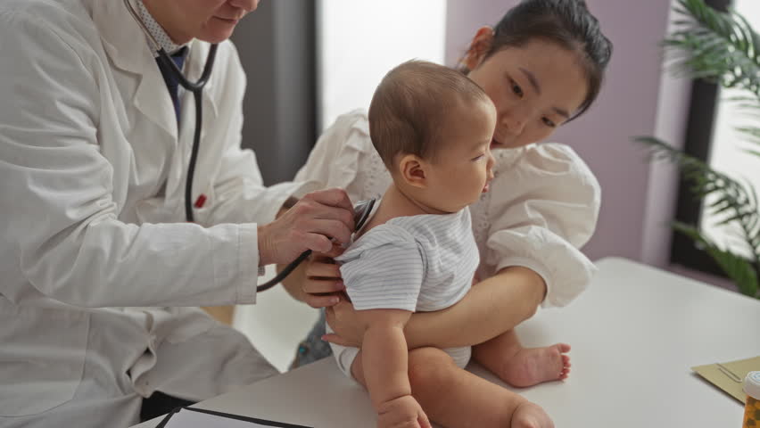 Pediatrician checks baby boy with mother in clinic; doctor uses stethoscope inside hospital room, focusing on child health, love, and care. - Powered by Shutterstock - Get 15% off with code: PIKWIZARD15