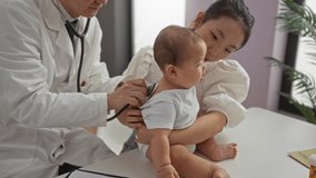 Pediatrician checks baby boy with mother in clinic; doctor uses stethoscope inside hospital room, focusing on child health, love, and care. - Powered by Shutterstock - Get 15% off with code: PIKWIZARD15