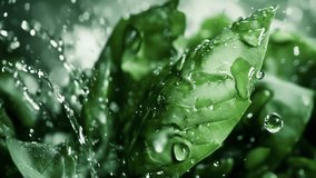 Fresh green leaves water splash. Dew droplets highlight plant texture. Great for nature, beauty product ads. Macro video soft focus green background - Powered by Shutterstock - Get 15% off with code: PIKWIZARD15