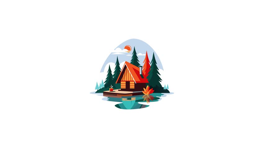 A flat illustration of a cozy lake cabin, surrounded by autumn trees and a vibrant sunset sky