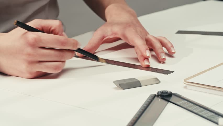Young woman artist is drawing buildings by pencil using ruler on white paper . The designer or engineer making sketches for the projection of the building or house close-up. Drawing and sketching