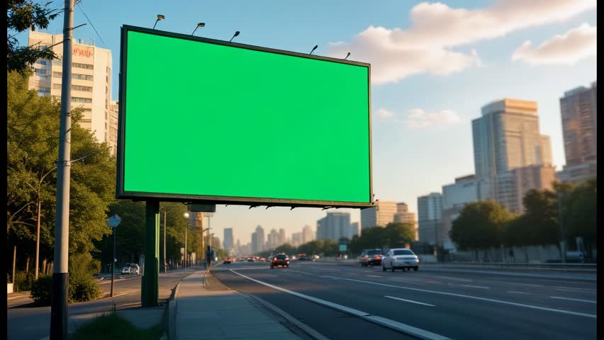 4K green screen billboard mockup with city background, advertising