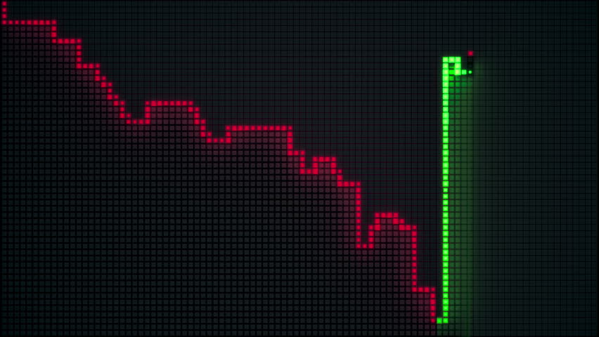 Financial chart animation: stock market crash and mega candle recovery. Red to green trend for business, finance, or crypto markets. Ultra HD 4K animation.