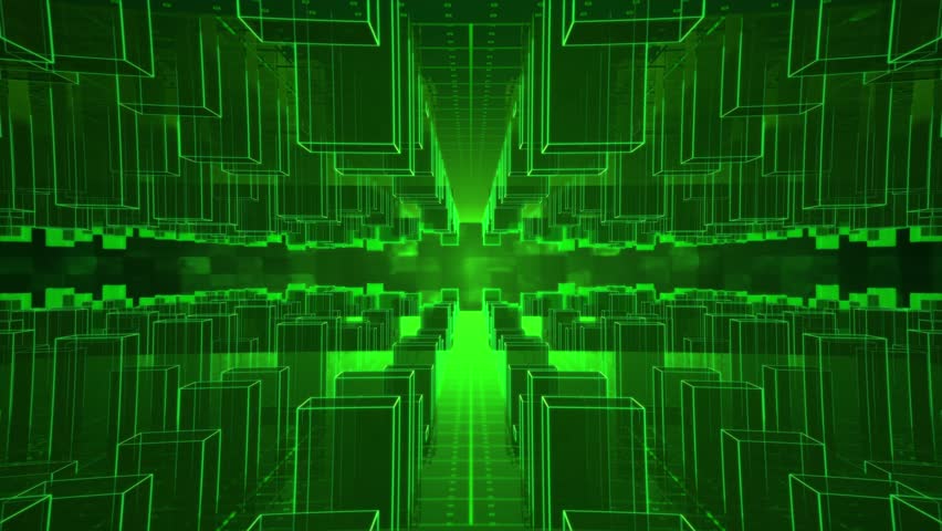 3D looping glowing green cyberspace digital cube grid tunnel with dynamic lines and lights vibrant neon futuristic technology and AI abstract sci-fi VR simulation reality room  glitch 4K VJ wallpaper