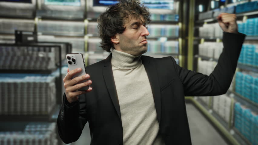 Young man in a supermarket flexing his arm with a confident expression while holding a smartphone indoors, showcasing strength and communication in a commercial environment.