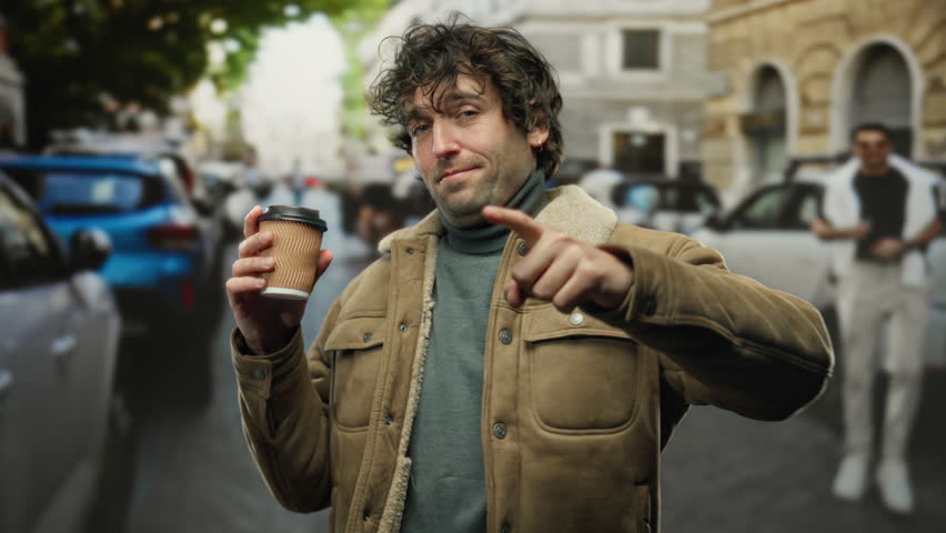 Young man smiling while holding a coffee cup on a bustling city street, dressed warmly, and radiating happiness and ease.