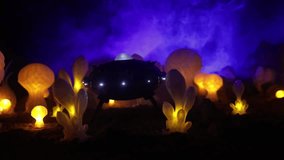 Abstract Miniature of Another Planet with Giant Glowing Mushrooms. A Nighttime Scene on an Alien World, Illuminated by the Soft Glow of Otherworldly Fungi. Selective focus - Powered by Shutterstock - Get 15% off with code: PIKWIZARD15