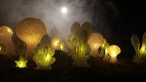 Abstract Miniature of Another Planet with Giant Glowing Mushrooms. A Nighttime Scene on an Alien World, Illuminated by the Soft Glow of Otherworldly Fungi. Selective focus - Powered by Shutterstock - Get 15% off with code: PIKWIZARD15