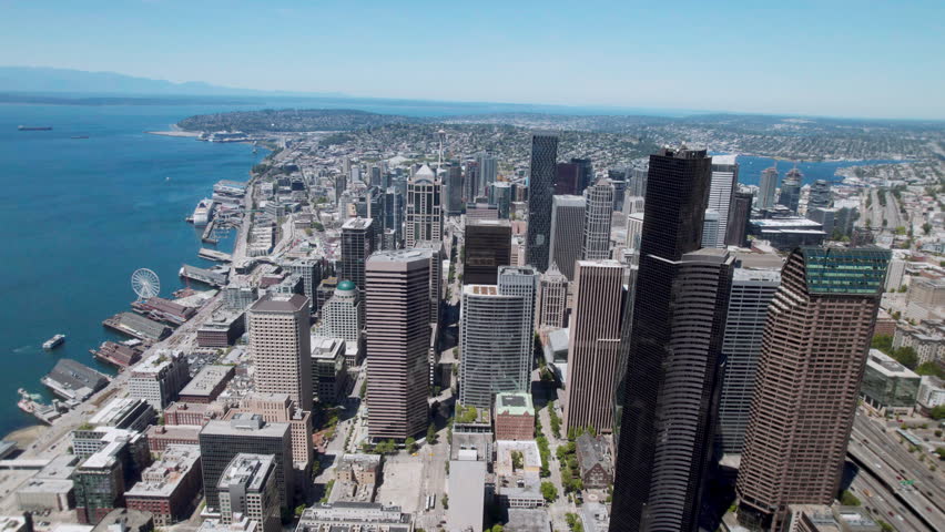 Helicopter View of Seattle Business District Buildings