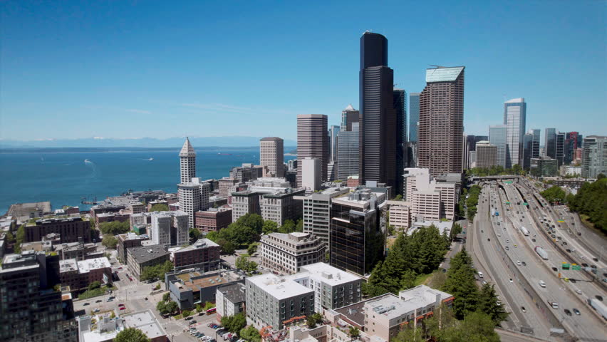 Seattle Waterfront Skyline Sunny Day Aerial