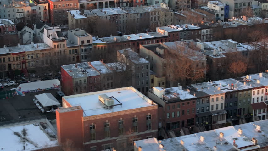 Aerial view of Bedford-Stuyvesant Brooklyn on a winter day. Shot in New York City