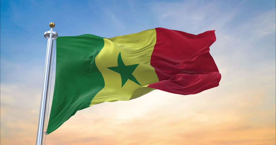 Flag of Senegal realistic waving in the wind with sundown background (Perfect Loop)