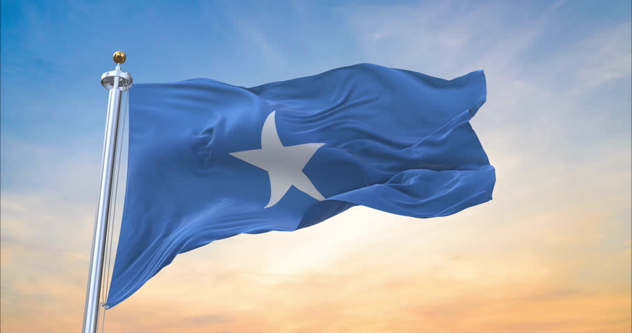 Flag of Somalia realistic waving in the wind with sundown background (Perfect Loop)
