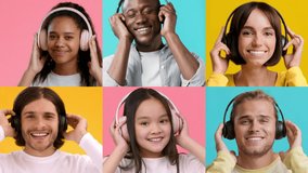 Happy diverse people collage. Wearing headphones, smiling, and enjoying music in vibrant settings. Each person is captured engaging with the music, reflecting happiness and connection. - Powered by Shutterstock - Get 15% off with code: PIKWIZARD15