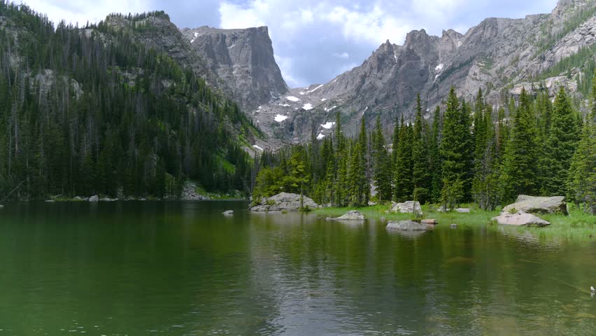 Summer at Dream Lake - A time-lapse video of Summer clouds flying over Dream Lake, with rugged Hallett Peak and Flattop Mountain towering at shore. Rocky Mountain National Park, Colorado, USA.