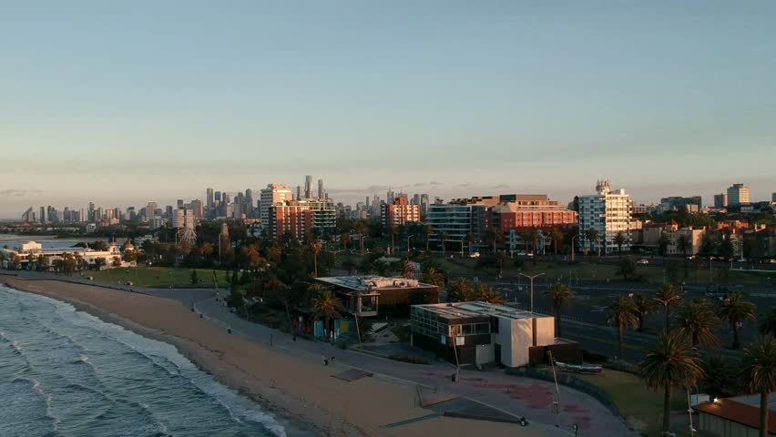 Sunrise at St Kilda Beach and Pier, Skydive Melbourne, Melbourne City, Australia (Drone Aerial Footage)