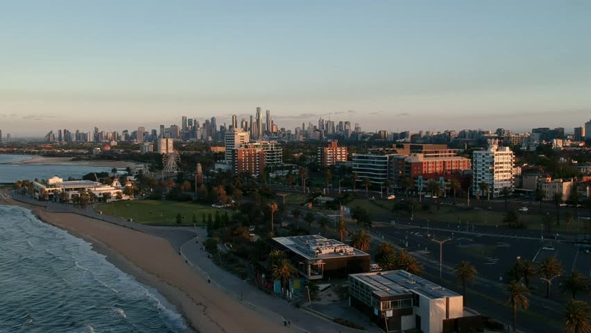 Sunrise at St Kilda Beach and Pier, Skydive Melbourne, Melbourne City, Australia (Drone Aerial Footage)