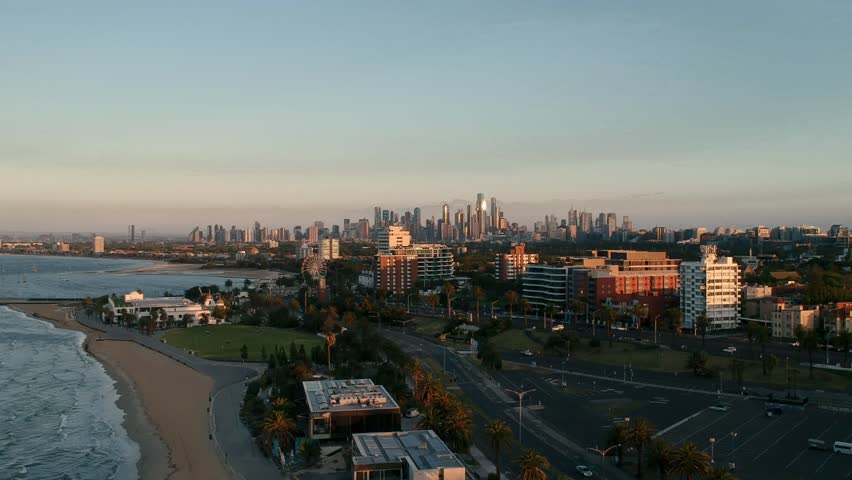 Sunrise at St Kilda Beach and Pier, Skydive Melbourne, Melbourne City, Australia (Drone Aerial Footage)