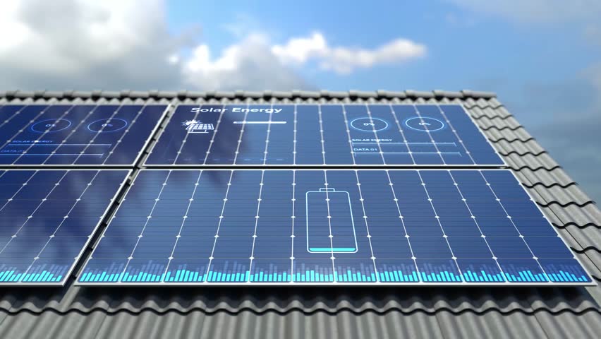 Solar Panels Installed on Rooftop with digital display data, Green alternative energy concept.