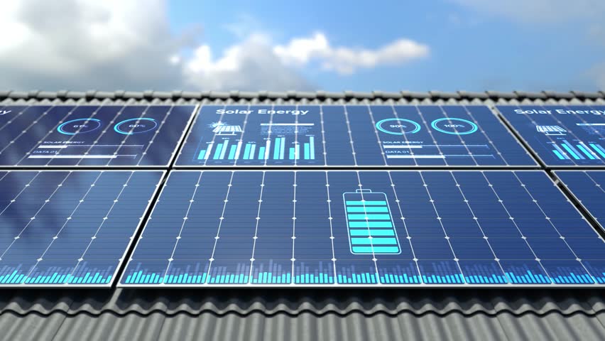 Solar Panels Installed on Rooftop with digital display data, Green alternative energy concept.