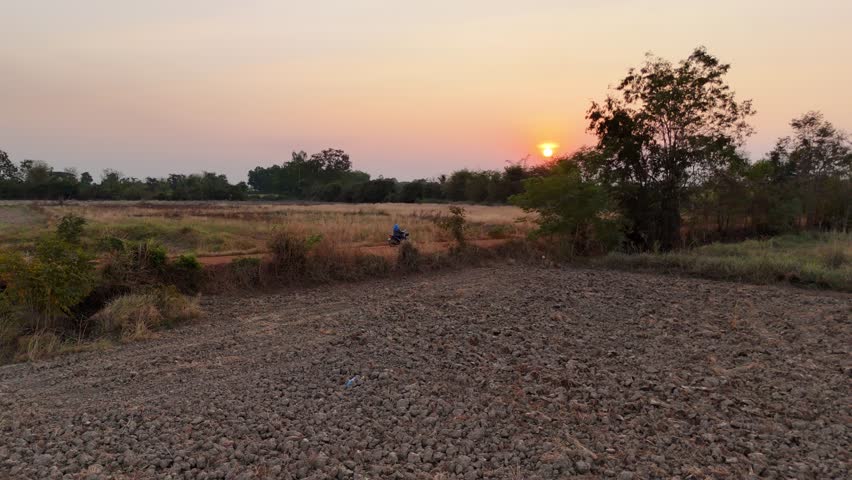 A sunset in the corner of a plowed field.