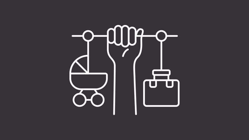 Combining motherhood and career white line animation. Women choices animated icon. Equal rights and responsibilities. Isolated illustration on dark background. Transition alpha video. Motion graphic