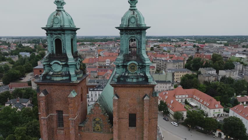 Professional Drone Footage, City Gniezno, Cityscape and Scenic Surroundings, Poland, religious architecture, church, cathedral, historical site