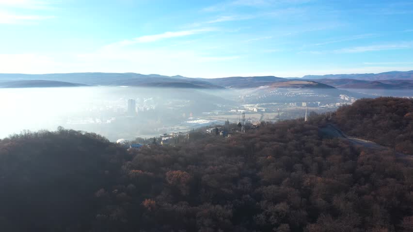 Aerial view of forest surrounding city. Cluj Napoca, Romania by drone